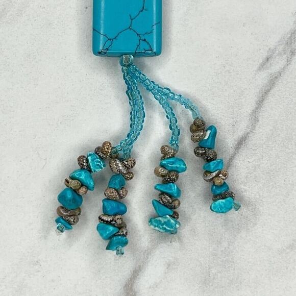Faux Turquoise Chunky Beaded Tassel Pendant Toggle Necklace - Picture 2 of 9